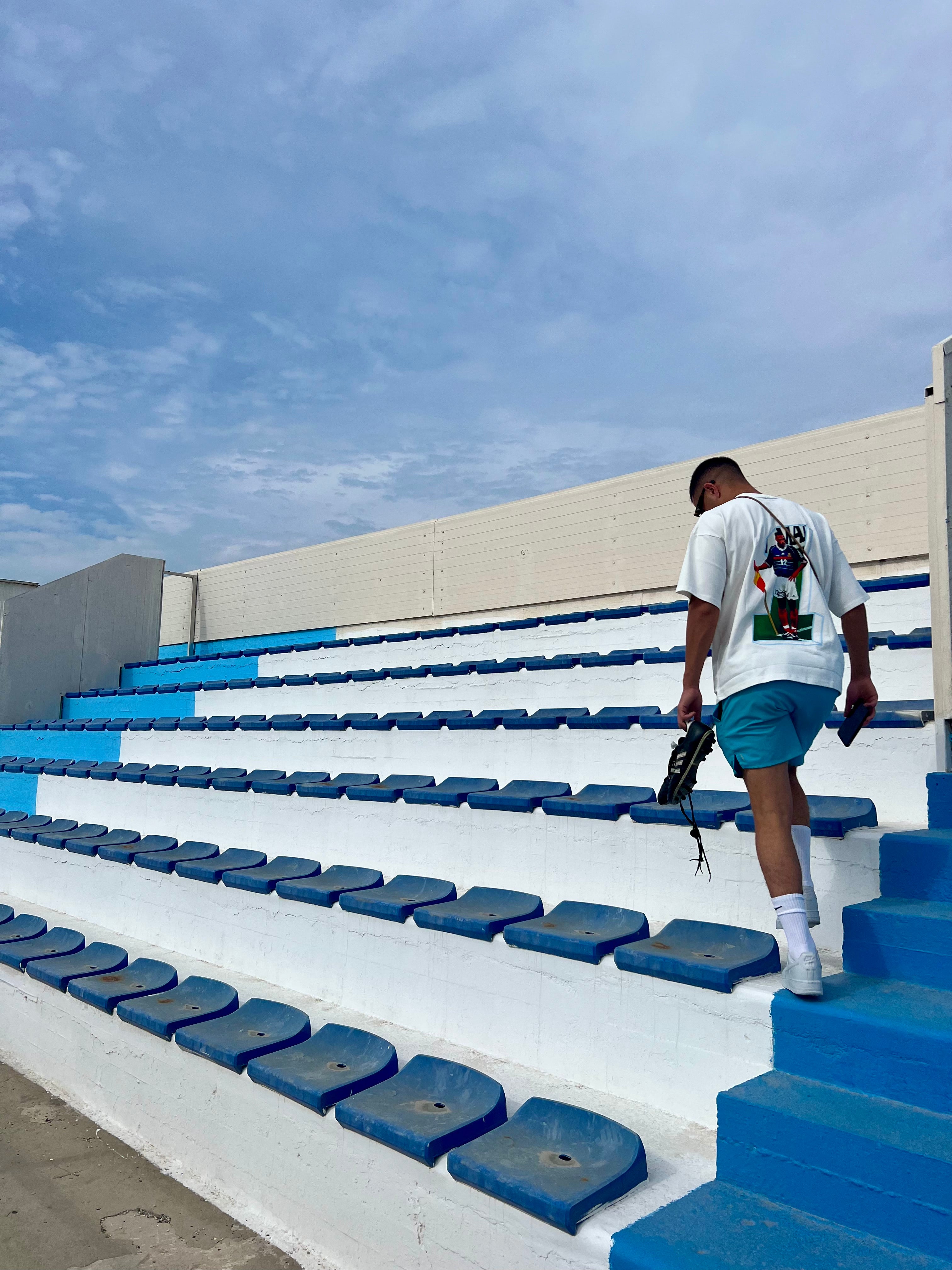 Blue and white stadium steps